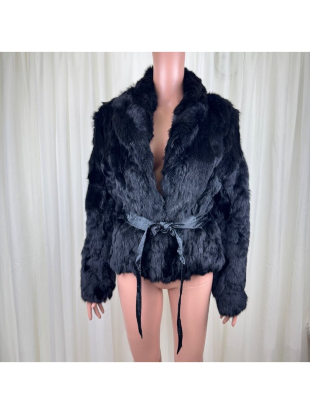 Jennyfer J Rabbit Fur Coat Blk Jacket Belted Hook Closure *No Size Tag* M/L Y2K